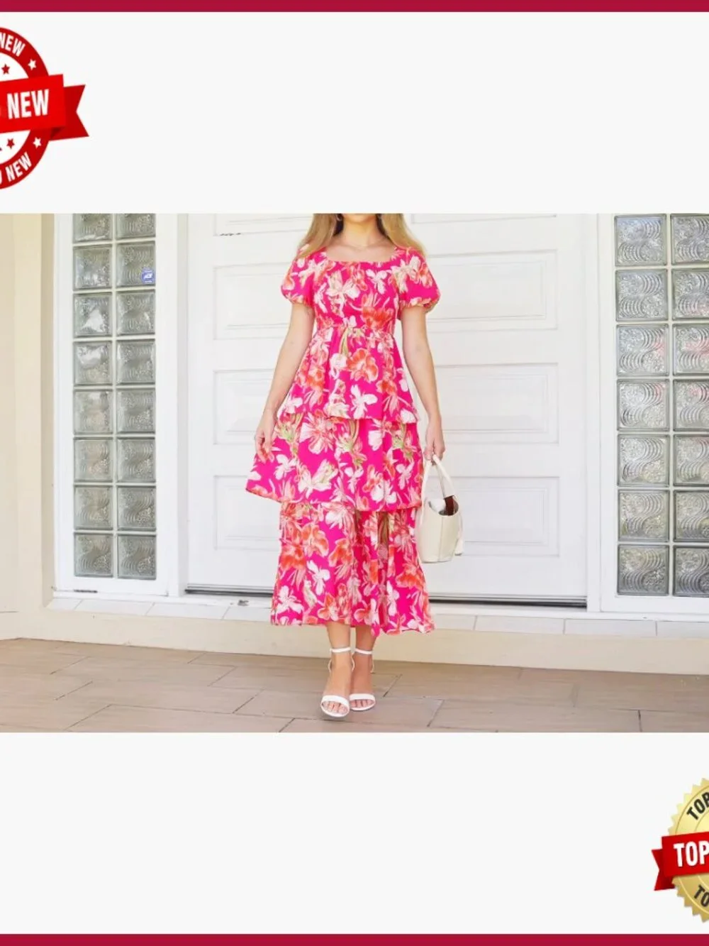 Women's Floral Maxi Dress Puff Sleeve Square Neck Smocked Tiered Boho - Picture 7 of 7